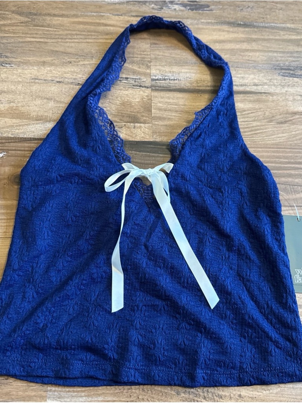 Navy Lace Halter Tank with Contrast Ribbon